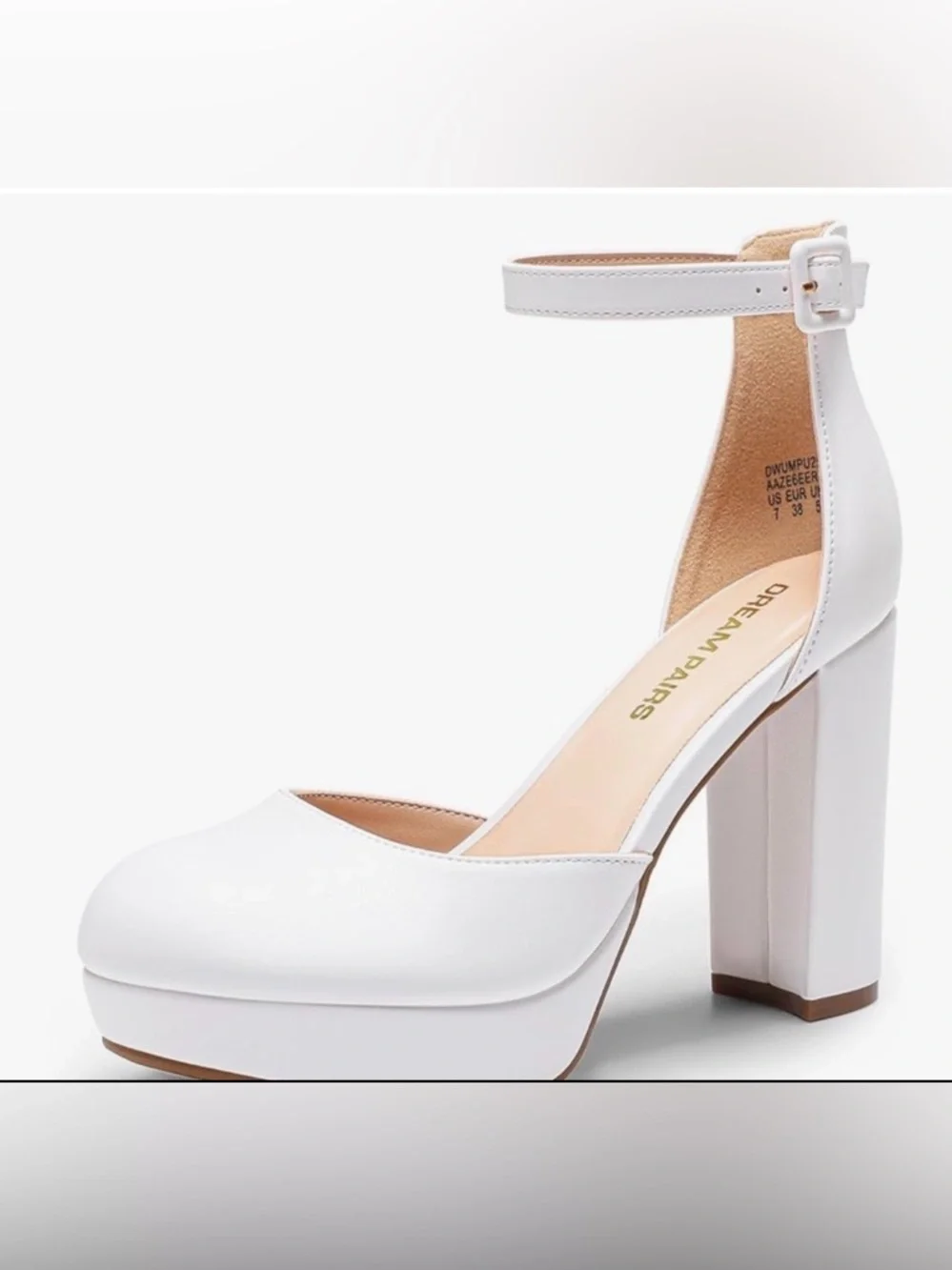 DREAM PAIRS White Platform Block Heel Ankle Strap Pumps 7.5